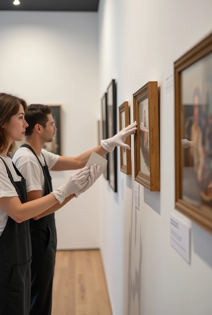 Le montage d'une exposition d'art avec des gants blancs