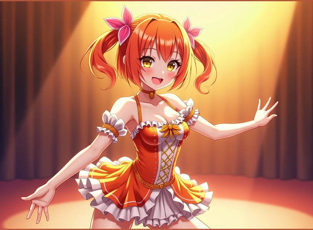 (masterpiece, Highest quality), One person,
Rin Hoshizora, Yellow Eyes, Orange Hair,
smile, Close one eye, stretch, Stepping,
Idol, stage, Spotlight, Frills, Shine,