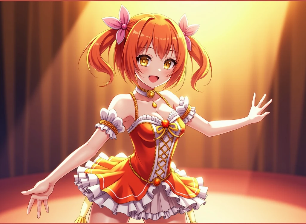 (masterpiece, Highest quality), One person,
Rin Hoshizora, Yellow Eyes, Orange Hair,
smile, Close one eye, stretch, Stepping,
Idol, stage, Spotlight, Frills, Shine,