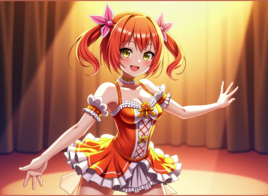 (masterpiece, Highest quality), One person,
Rin Hoshizora, Yellow Eyes, Orange Hair,
smile, Close one eye, stretch, Stepping,
Idol, stage, Spotlight, Frills, Shine,