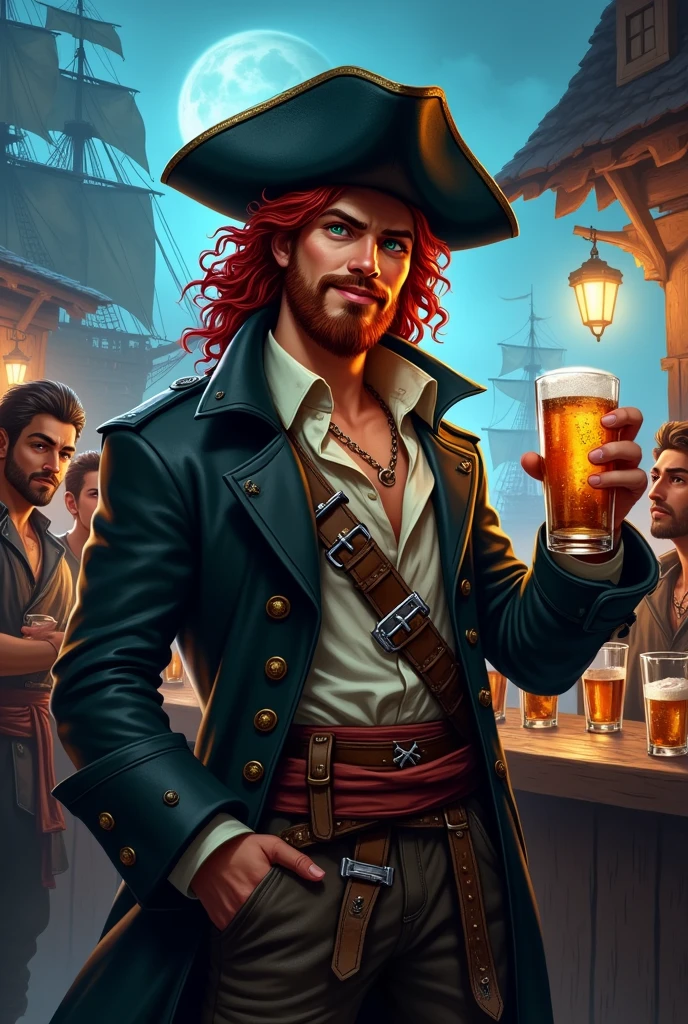A young pirate, full body DnD style. A young pirate in his thirties, with long, curly dark red hair, a light beard with a short goatee and a dark red moustache, and dark green eyes. He wears a black leather pirate trench coat with a light unbuttoned shirt and a damaged vest., on his head an old damaged black hat. Around his waist he wears a sash with a belt and two pirate cutlasses on top.. He is having fun drinking with a dreamy look together with other young sailors in the pub while in the background there are various ships of a pirate port.