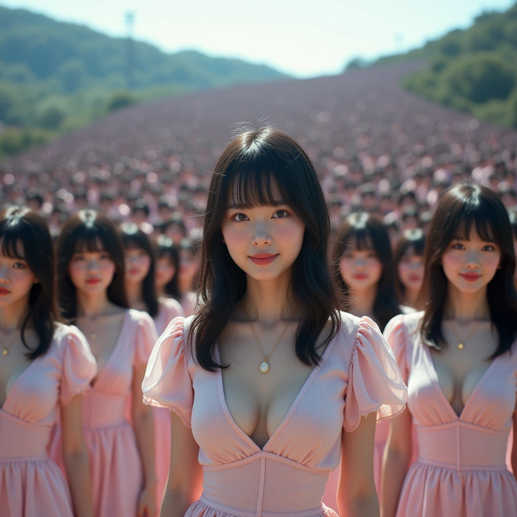 (((((Japanese Clone girls=Myself)))))), (((Best Super High quality Myself Clone girls Raw Photography Art))), (16K, Highest quality, Ultra-high resolution, RAW Photos), (((It's so unrealistic., With unparalleled depiction, With an unfathomable sight, An unprecedented and shocking worldview, Clone girls in a world of mass reproduction, Ultra-realistic))), (((Japanese, woman, 20yo, Saito-Asuka))), (Small face, ((Thick black hair, Semi-long hair))), ((V-neck short-sleeve dress)), (((((Very detailed美しい女体, Accurate body structure, Very detailed完璧な, Super body with very large breasarly emphasizes cleavage))))rk Eyes, Mature face, Cute Sm gentle gaze))), (((Her happy and smiling expression is so cute))), ((((((((Very detailed分身増殖描写, ((1girl→Myself cloning→1,000,000,000,000,000,000,000,000,000,000,000,000,000,000,000,000,000,000,000,000Myself Clone girls)))))))))), ((((((((Very detailed, The precise depiction of the proliferation of Myself Clone girls, ((With the perfectly identical bodies of Myself clone girls, With the exact same face as the Myself clone girls, With the exact same hairstyle as the Myself clone girls, In the exact same clothes as the girls who are my clones, Perfectly the same height as the Myself clone girls, Super big breasts, just like thene girls)))))))))), (((Myself clone girls only))), (((Multiple pairs, Very detailed depiction, (Myself clone girls hug each other, Myself clone girls assemble, Fun conversations with fellMyself clone girls, A fun conversation between Myself clone girls, Myself clone girls holding hands, Walking with lots of Myself clone girls, turn around, look at me, The approaching crowd of Myself)))), (((Everyone looks at the camera))), (((Unbelievably crowded, Transcendent Myself clone girls intimately, Countless Myself clone girls surround you in 360 degrees))), (Bright, soft sunlight), (((Very wide field of view, Very detailed, Detailed ultra-perspective depiction with clear depth, super wide view))), (((((Scenery with a steeply curving slope))))), (((Very photographic and detailed depiction, Myself clone girls will multiply infinitely and fill the surroundings from one side to the horizon with their bodies tightly packed together without any gaps., A scene of endless Myself clone girls, giving a happy vibe.))), (Focus on the average value of the image)
