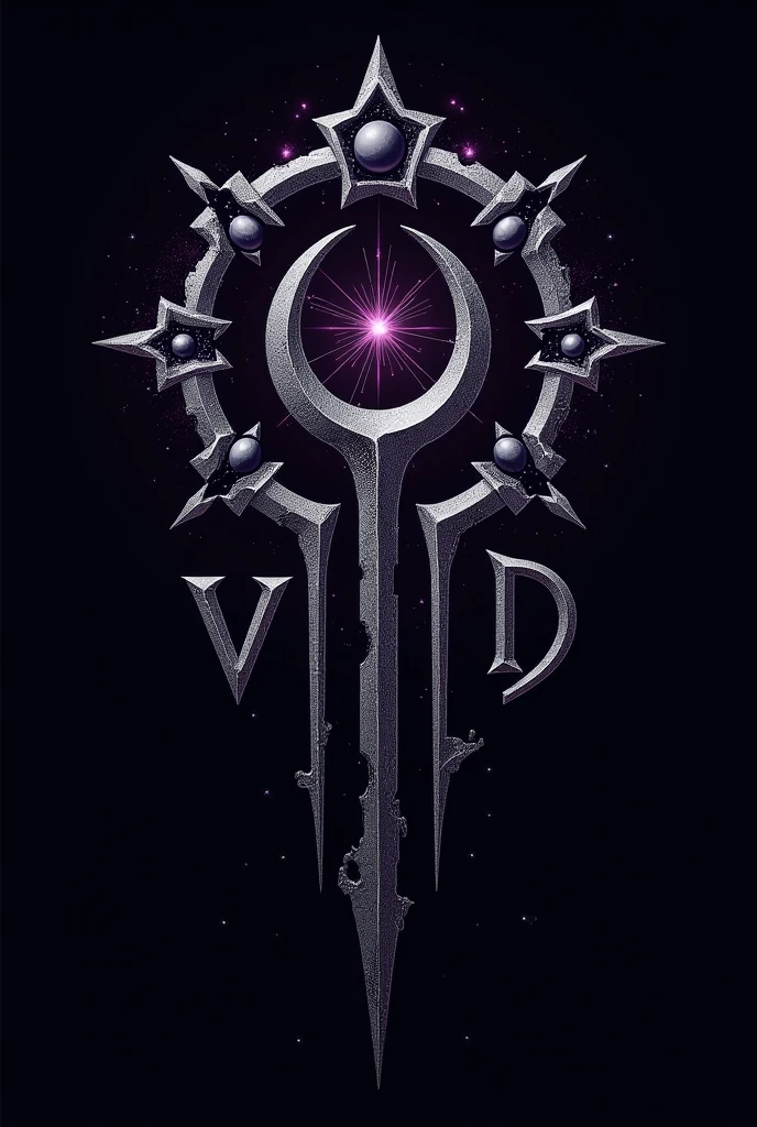 The logo would be a combination of the name *Octavia Void*, written in a font with sharp edges and smooth curves, reminiscent of archaic symbols or runes. Colors - black and purple, with the addition of shiny silver accents. Elements can be integrated into or above the letters, symbolizing space, such as stars, moon or planets.