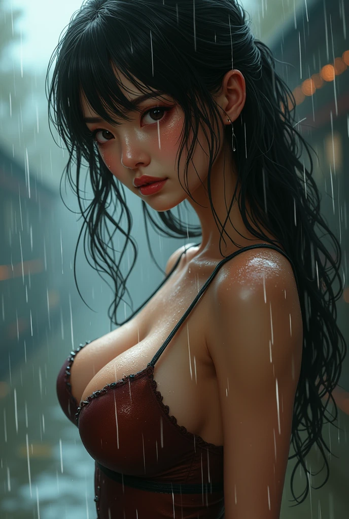 a beautiful busty asian girl, wet in the rain, looking erotically at the viewer, upper half body, 2D digital art,anime, highly detailed, photorealistic, stunning lighting, dramatic rain effects, muted color palette, soft focus, intricate details, sensual and alluring expression, graceful pose, glistening skin, (best quality,8k,highres,masterpiece:1.2),ultra-detailed,(realistic,photorealistic,photo-realistic:1.37),concept art,digital painting,dramatic lighting