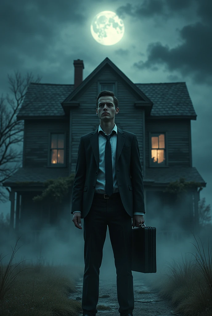 A young businessman in a tailored suit, holding a black briefcase, stands in front of a haunted house. The haunted house is old and decrepit, with broken windows, overgrown ivy, and a spooky, eerie atmosphere. The sky is dark and stormy, with ominous clouds swirling overhead, and a full moon casting an eerie glow on the scene. The businessman appears tense and uneasy, his face partially illuminated by the moonlight. The setting is atmospheric, with mist creeping across the ground and shadows playing tricks on the eyes. The overall mood is haunting and suspenseful, combining realism with a supernatural, gothic horror vibe.