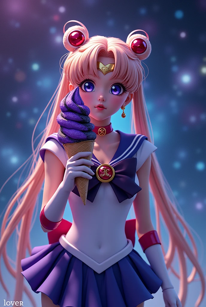 Design a totorrealistic image of Sailor moon with a purple and black ice cream, in the background the universe of colors, and that at the bottom it shows the name "lover"
