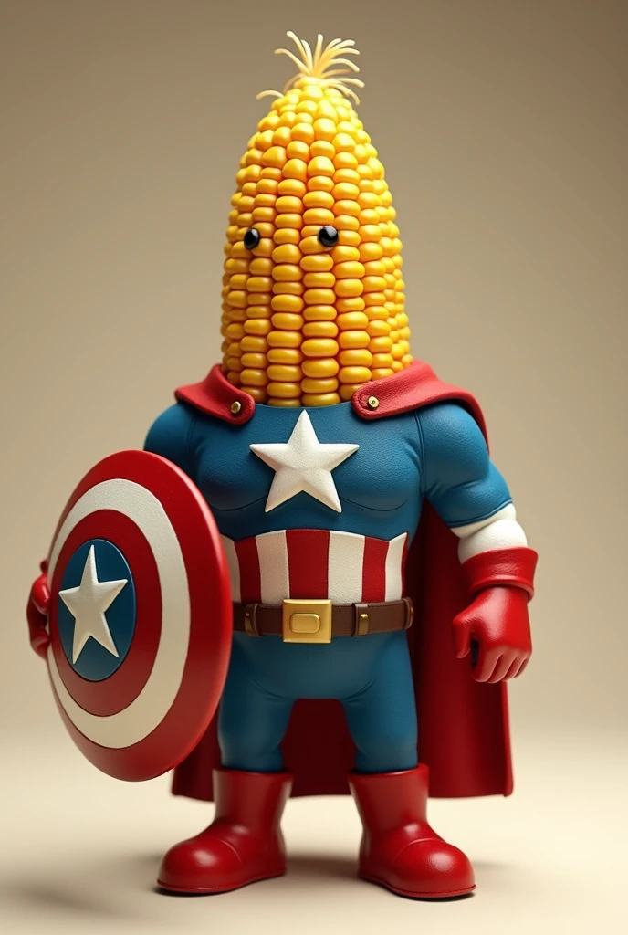 I want an image of a corn superhero dressed but with a corn body and that is a small avatar like Captain America, the same one but with the shield, that this strong another image 
