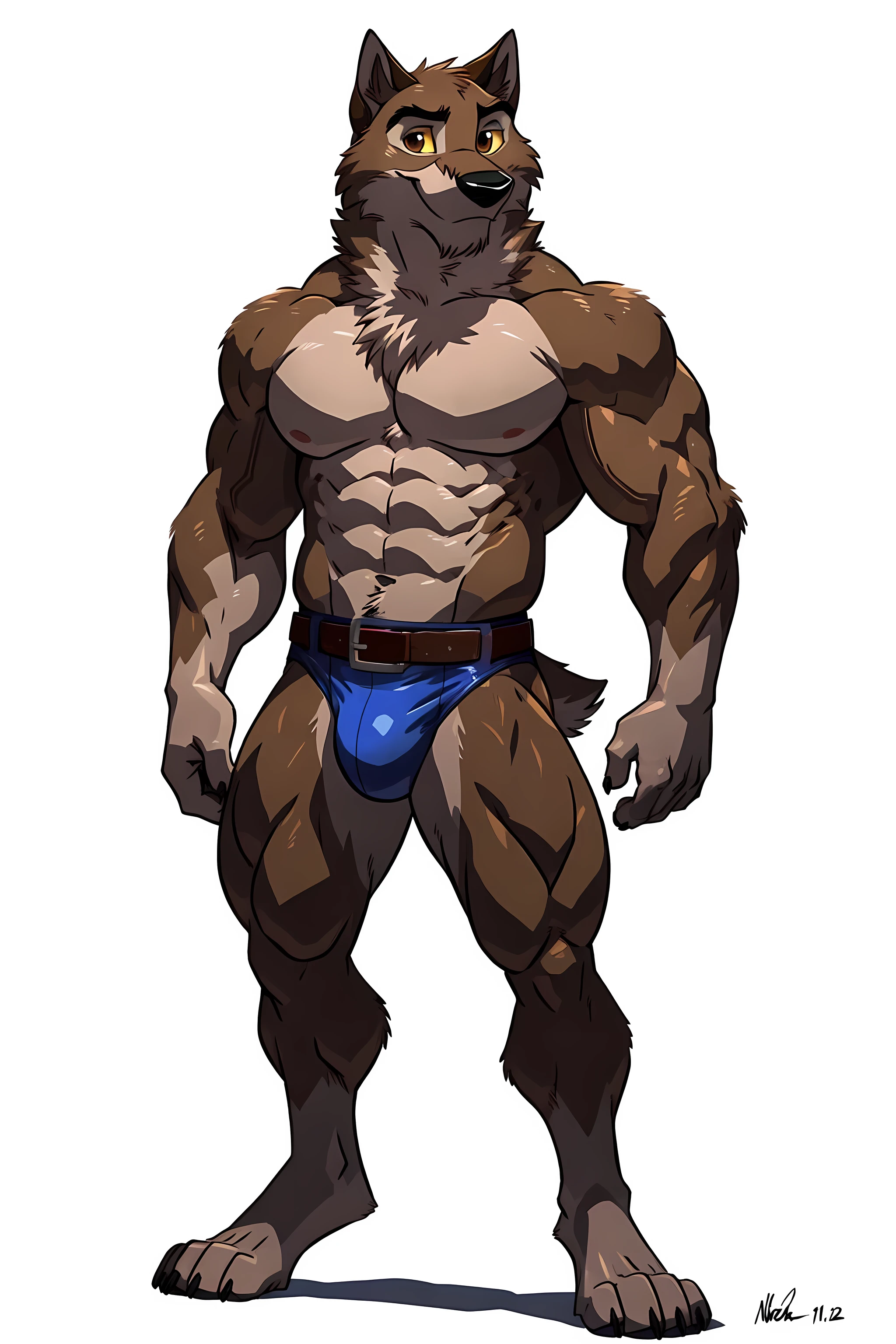 balto, baltowd, brown eyes, yellow sclera, adult, masculine, male, anthro body, very muscular:1.2, muscles:1.2, strong body, muscular thighs, calves, wide chest, wfa style, negger style, (no background, white background):1.3, cel shaded:1.2, detailed eyes, high quality, high resolution, detailed, full body, (muscular legs, thickly built legs):1.1, big belt, detailed belt, tight underwear, blue speedos, (posing leg, showing leg, touching leg):1.1