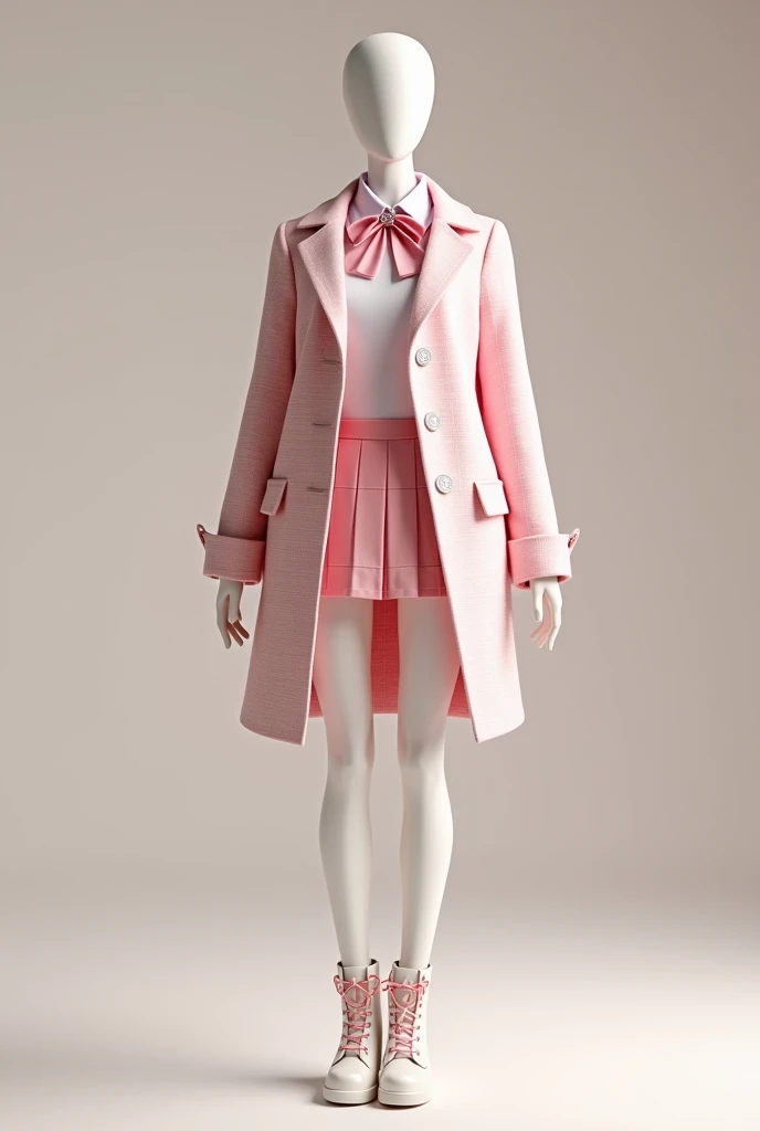 Mannequin wearing Korean school uniform, pink waist-length coat with white plaid pattern, unbuttoned, pink skirt with white plaid pattern, pink bow tie with glitter, white boots with alternating laces