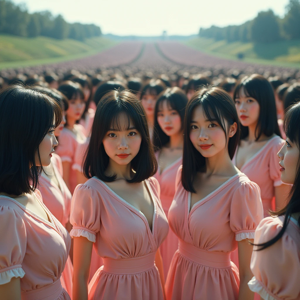 (((((Japanese Clone girls=Myself)))))), (((Best Super High quality Myself Clone girls Raw Photography Art))), (16K, Highest quality, Ultra-high resolution, RAW Photos), (((It's so unrealistic., With unparalleled depiction, With an unfathomable sight, An unprecedented and shocking worldview, Clone girls in a world of mass reproduction, Ultra-realistic))), (((Japanese, woman, 20yo, Saito-Asuka))), (Small face, ((Thick black hair, Semi-long hair))), ((V-neck short-sleeve dress)), (((((Very detailed美しい女体, Accurate body structure, Very detailed完璧な, Super busty body with very large breasts, Clearly emphasizes cleavage))))), (((Dark Eyes, Mature face, Cute Smile, A gentle gaze))), (((Her happy and smiling expression is so cute))), ((((((((Very detailed分身増殖描写, ((1girl→Myself cloning→1,000,000,000,000,000,000,000,000,000,000,000,000,000,000,000,000,000,000,000,000Myself Clone girls)))))))))), ((((((((Very detailed, The precise depiction of the proliferation of Myself Clone girls, ((With the perfectly identical bodies of Myself clone girls, With the exact same face as the Myself clone girls, With the exact same hairstyle as the Myself clone girls, In the exact same clothes as the girls who are my clones, Perfectly the same height as the Myself clone girls, Super big breasts, just like the Myself clone girls)))))))))), (((Myself clone girls only))), (((Multiple pairs, Very detailed depiction, (Myself clone girls hug each other, Myself clone girls assemble, Fun conversations with fellow Myself clone girls, A fun conversation ween Myself clone girls, Myself clone girls holding hands, Walking with lots of Myself clone girls, turn around, look at me, The approaching crowd of Myself)))), (((Everyone looks at the camera))), (((Unbelievably crowded, Transcendent Myself clone girls intimately, Countless Myself clone girls surround you in 360 degrees))), (Bright, soft sunlight), (((Very wide field of view, Very detailed, Detailed ultra-perspective depiction with clear depth, super wide view))), (((((Scenery with a steeply curving slope))))), (((Very photographic and detailed depiction, Myself clone girls will multiply infinitely and fill the surroundings from one side to the horizon with their bodies tightly packed together without any gaps., A scene of endless Myself clone girls, giving a happy vibe.))), (Focus on the average value of the image)