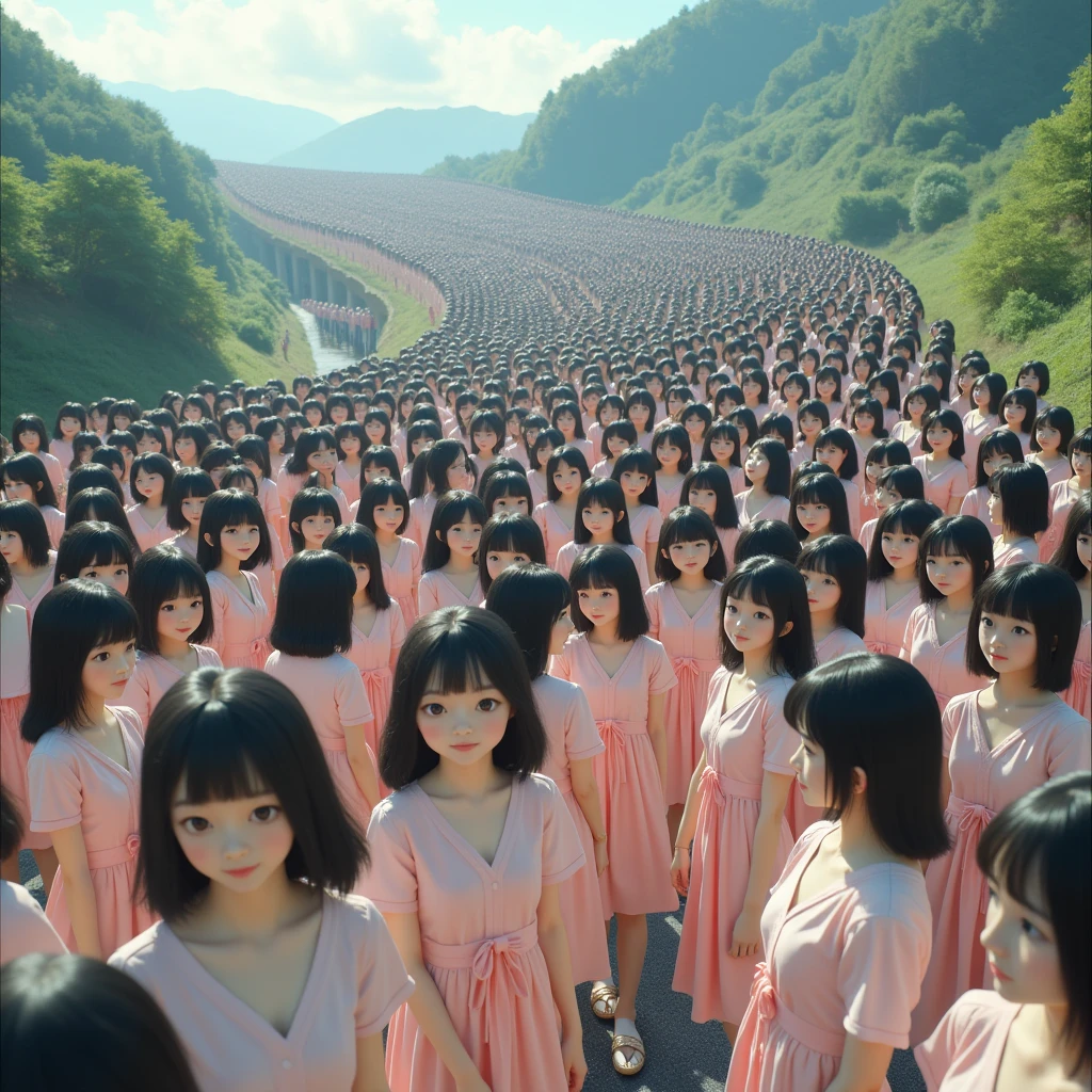 (((((Japanese Clone girls=Myself)))))), (((Best Super High quality Myself Clone girls Raw Photography Art))), (16K, Highest quality, Ultra-high resolution, RAW Photos), (((It's so unrealistic., With unparalleled depiction, With an unfathomable sight, An unprecedented and shocking worldview, Clone girls in a world of mass reproduction, Ultra-realistic))), (((Japanese, woman, 20yo, Saito-Asuka))), (Small face, ((Thick black hair, Semi-long hair))), ((V-neck short-sleeve dress)), (((((Very detailed美しい女体, Accurate body structure, Very detailed完璧な, Super busty body with very large breasts, Clearly emphasizes cleavage))))), (((Dark Eyes, Mature face, Cute Smile, A gentle gaze))), (((Her happy and smiling expression is so cute))), ((((((((Very detailed分身増殖描写, ((1girl→Myself cloning→1,000,000,000,000,000,000,000,000,000,000,000,000,000,000,000,000,000,000,000,000Myself Clone girls)))))))))), ((((((((Very detailed, The precise depiction of the proliferation of Myself Clone girls, ((With the perfectly identical bodies of Myself clone girls, With the exact same face as the Myself clone girls, With the exact same hairstyle as the Myself clone girls, In the exact same clothes as the girls who are my clones, Perfectly the same height as the Myself clone girls, Super big breasts, just like the Myself clone girls)))))))))), (((Myself clone girls only))), (((Multiple pairs, Very detailed depiction, (Myself clone girls hug each other, Myself clone girls assemble, Fun conversations with fellow Myself clone girls, A fun conversation between Myself clone girls, Myself clone girls holding hands, Walking with lots of Myself clone girls, turn around, look at me, The approaching crowd of Myself)))), (((Everyone looks at the camera))), (((Unbelievably crowded, Transcendent Myself clone girls intimately, Countless Myself clone girls surround you in 360 degrees))), (Bright, soft sunlight), (((Very wide field of view, Very detailed, Detailed ultra-perspective depiction with clear depth, super wide view))), (((((Scenery with a steeply curving slope))))), (((Very photographic and detailed depiction, Myself clone girls will multiply infinitely and fill the surroundings from one side to the horizon with their bodies tightly packed together without any gaps., A scene of endless Myself clone girls, giving a happy vibe.))), (Focus on the average value of the image)