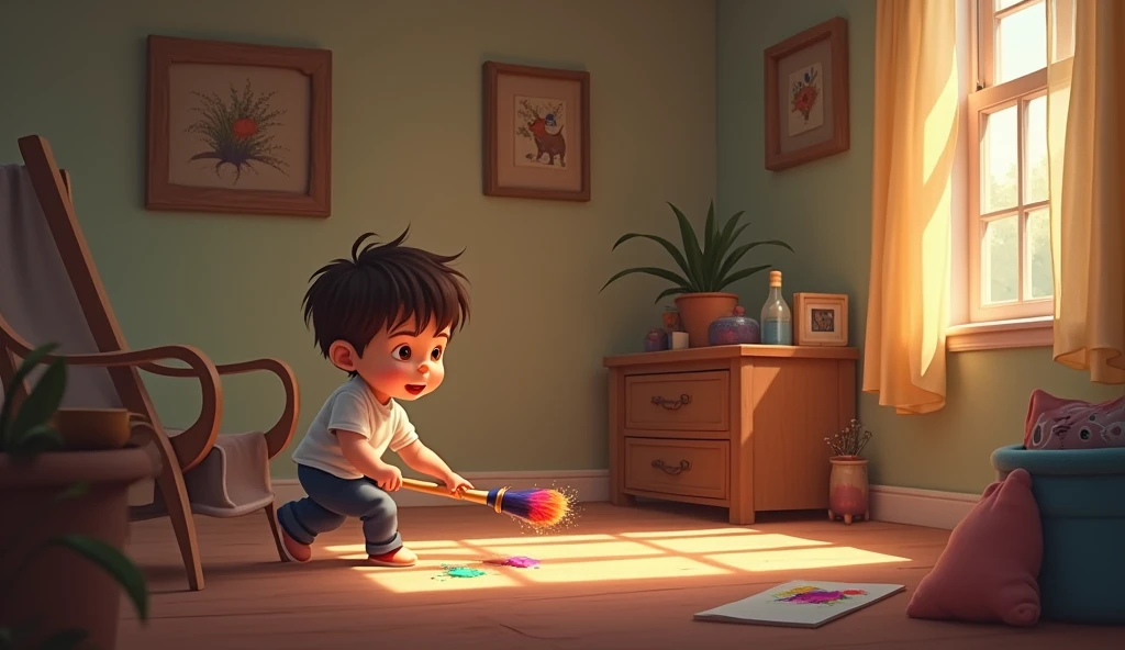 In a cozy room with walls so bare,  
A child found a paintbrush rare.  
With bristles gleaming, colors bright,  
It whispered secrets of delight.