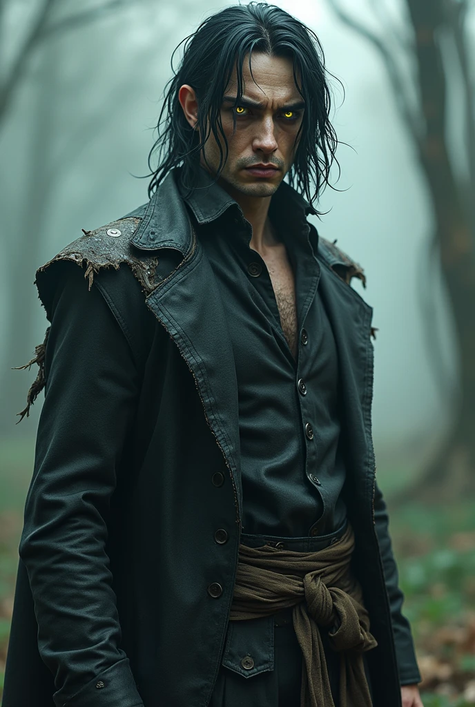 An adult man with black hair, yellow-eyed. with worn out vampire colored clothes