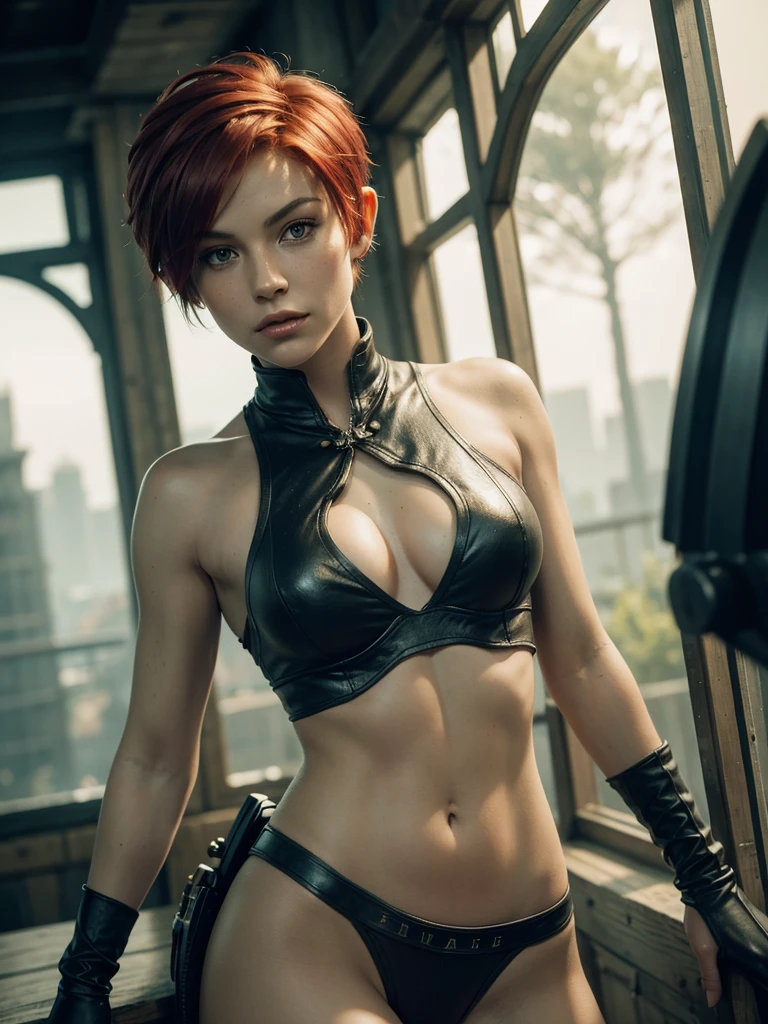 slim feminine figure, redhead, best quality, realistic skin texture, photography, film grain texture and high contrast, extremely high-resolution details, photographic, photorealistic, hyper-realistic, HDR, masterpiece, ((short pixie hair)), dressed up as a hunter from world of warcraft