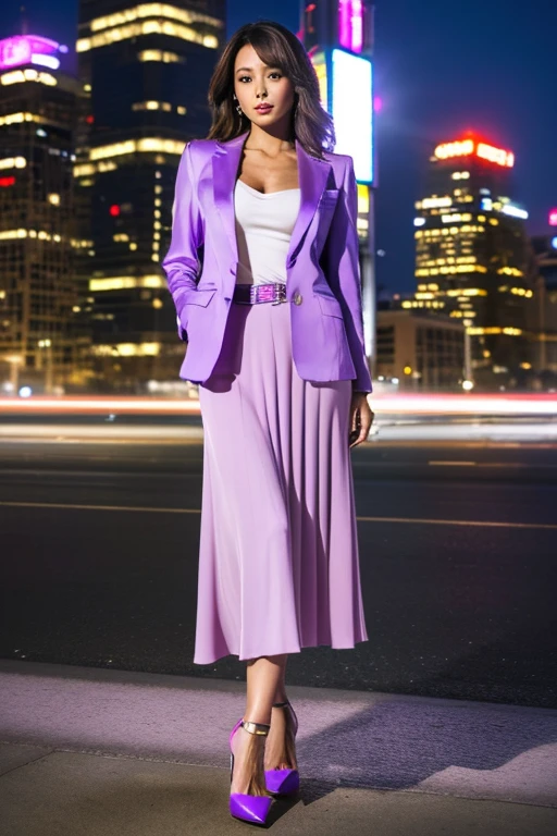 (Light Purple Blazer)、Business Blouse、(Light purple long skirt:1.3)、((Full Body Portrait))、silk pantyhose、Sitting、(Both legs and high heels look beautiful.)、1 girl、Perfect Anatomy, Perfect body, Perfect hands, Perfect Face, Perfect Eyes, Accurate, Anatomically correct, Perfectly clear and sharp focus、Large Breasts、Modern architecture at night on the background、Professional Lighting、((Highest quality、Ultra-high resolution、masterpiece)) 