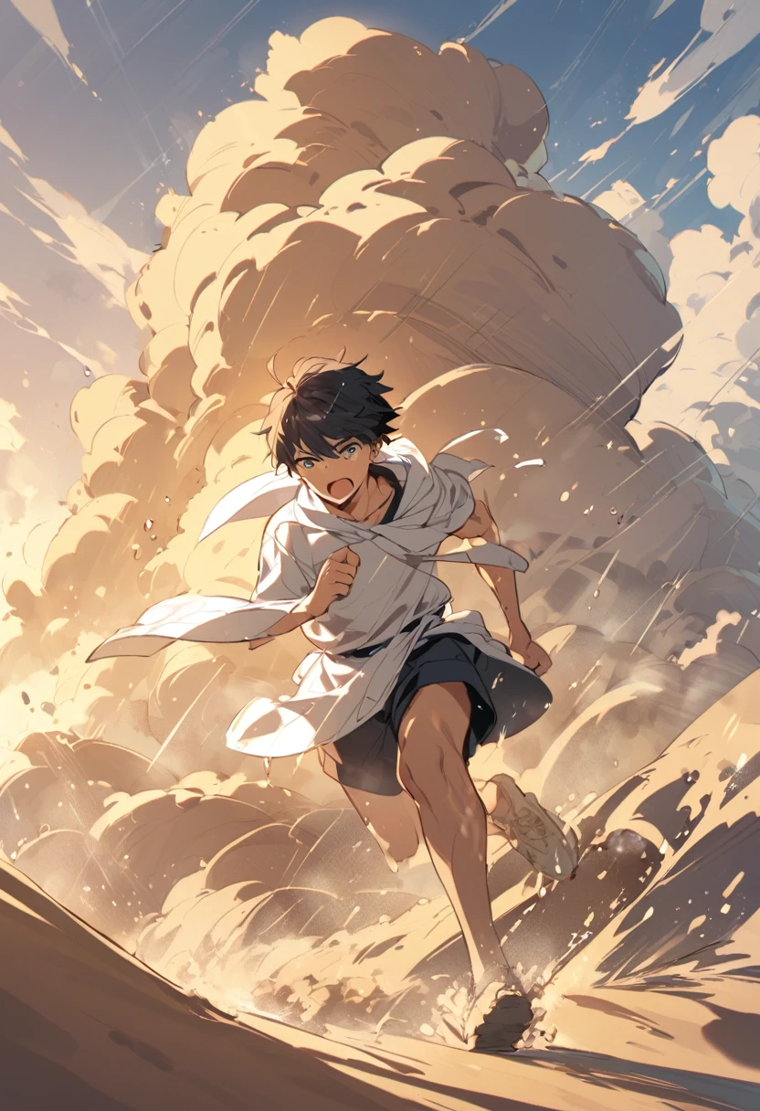 Boy running on a desert island and lots of rain around sand storms