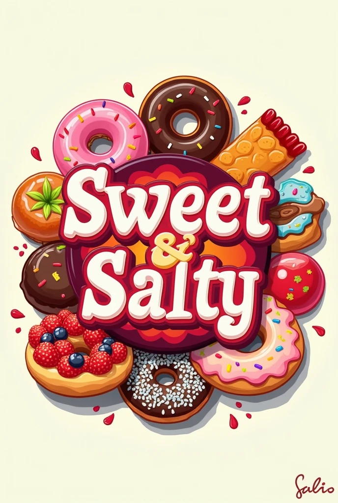 A logo for a business that is called the business is about sweet things like donuts, pastries and salty things like. Gummies with spicy and chamoy that appear as a mix of product and that have as a title in large dual flavor in Spanish 