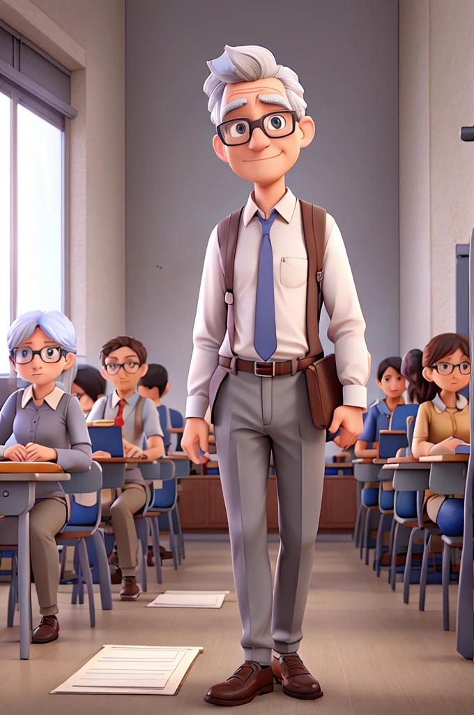 Gray-haired Professor, glasses, light shirt and gray pants, no tie, Classroom Background, 4 images of the same character in different positions and scenarios
