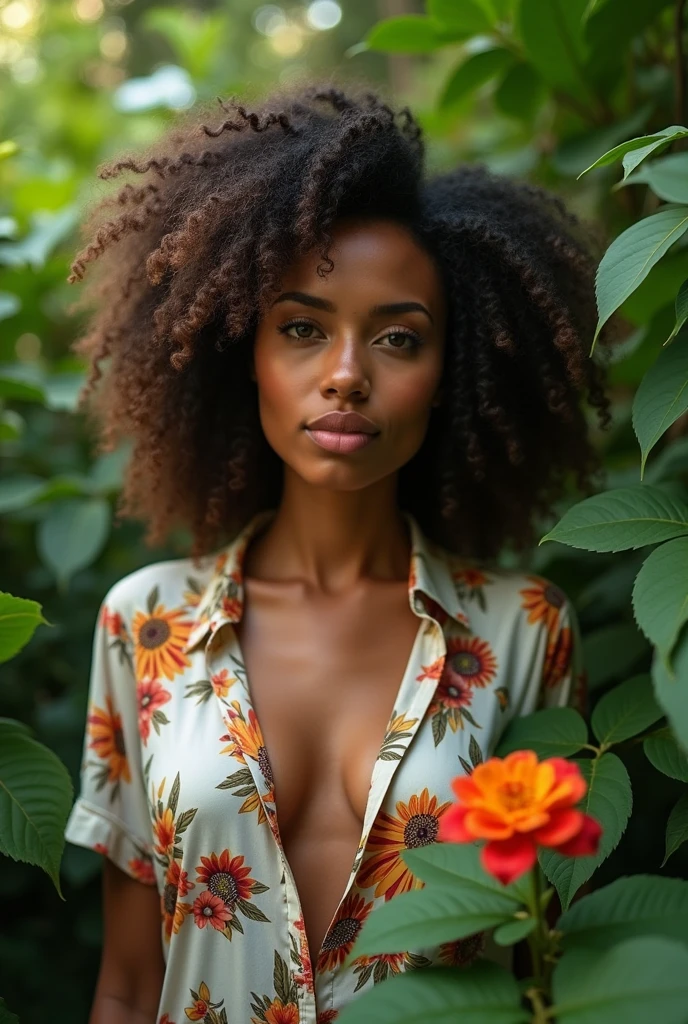 A Brazilian woman in a lush tropical garden, wearing an open shirt with a floral print, with a close-up capturing the harmonious beauty between her breasts and the natural flowers, showing off your natural charm and outgoing personality.