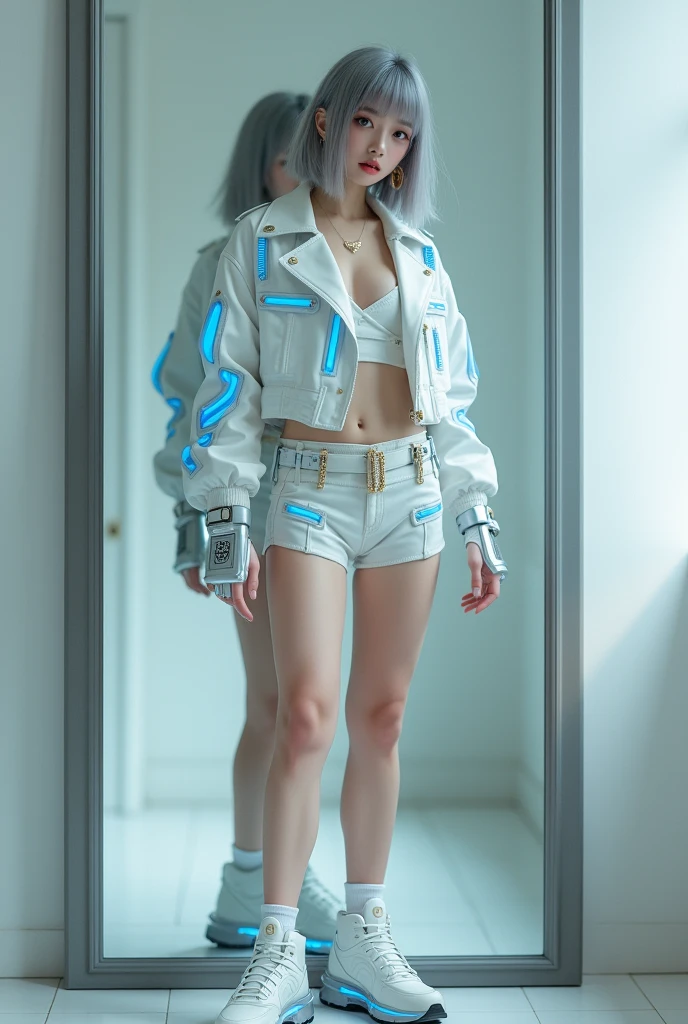 highly detailed, beautiful, hyper Realistic girl, masterpiece, best quality, Depict a mysterious and sophisticated beautiful Japanese gravure model,, 28-years-old, identity hidden, all body shot, / gray arranged hair, small head, Detailed face, cute and Pretty slim face, wide Duck mouth, perfect beautiful Tooth, arranged gray hair, shiny eyes, blue-colored eyes, Realistic skin, Detailed face, / Here’s a chic and futuristic costume design based on a cyberpunk jogger theme:
Top: A white cropped jacket with luminescent blue circuitry patterns and silver badges, blending cyberpunk and authority. The jacket features a high collar and zippered front for a sleek look.
Bottoms: Slim, high-waisted short Leggings with metallic silver accents, holographic side stripes, and functional cargo pockets, offering both style and utility.
Footwear: white, sleek Sneaker with neon blue soles and reinforced ankles, ensuring both durability and a cutting-edge appearance.
Accessories: A minimalistic belt with gold buckles, matching gold earrings, and LED-enhanced gloves, all exuding a powerful and authoritative presence. //// simple white single room, gray frame mirror, complicated background /// takes a selfie in her room using a smartphone in front of a mirror with one hand, standing and fashion model Posing, all body below shot, looking away from the camera,