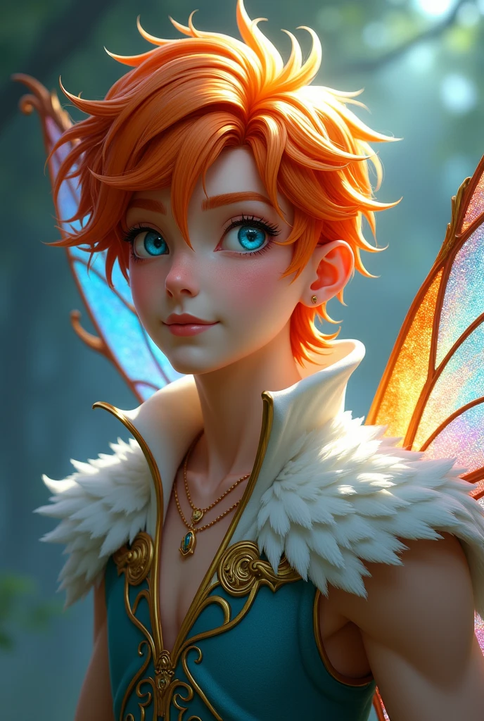 An adult fairy prince with fiery orange hair with white highlights, who is about 20 years old. he has blue eyes, blue-orange shimmering wings. He grins.