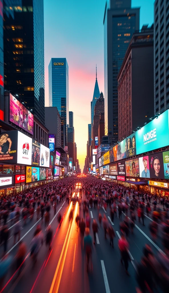 "A dynamic hyperlapse capturing the energy and excitement of daily life, featuring a lively urban scene transitioning from day to night. The video should showcase fast-paced movement through vibrant city streets, iconic landmarks, and bustling crowds, ending with a stunning sunset or night skyline. The overall feel should be energetic, engaging, and reflective of the everyday adventure that resonates with the spirit of your entertainment and vlog content."
