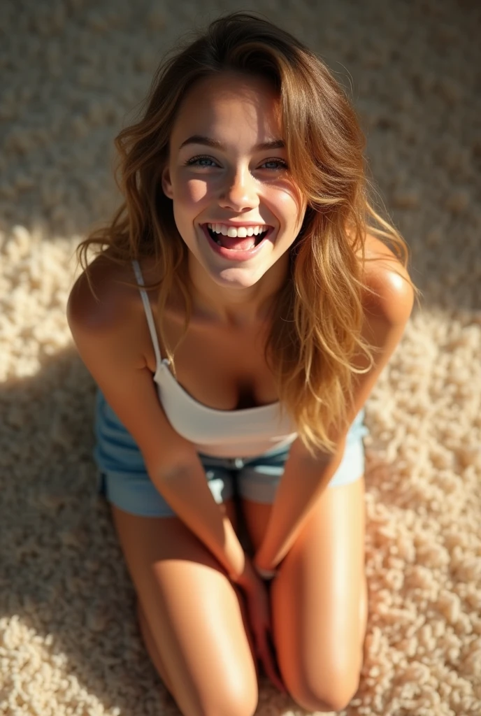 Beautiful, white  teen, kneeling on carpet, perfectly silky hair, (mouth very wide open and happy), wearing very short skirt, ((top down view))
