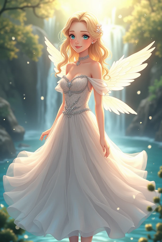 An enchanting anime girl with soft, wavy blonde hair and bright blue eyes is depicted in a voluminous white debutante dress embellished with silver. She stands near a gentle waterfall, bathed in the morning sun, creating a halo effect around her. Her delicate, translucent wings flutter slightly as if caught in a gentle breeze, and her gentle smile invites joy and tranquility.