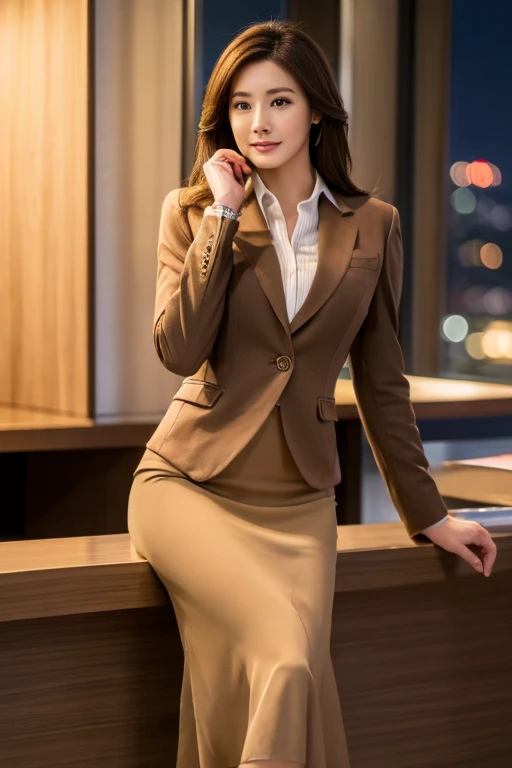 (Light Brown Blazer)、Business Blouse、(Light brown long skirt:1.3)、((Full Body Portrait))、silk pantyhose、Sitting、(Both legs and high heels look beautiful.)、1 girl、Perfect Anatomy, Perfect body, Perfect hands, Perfect Face, Perfect Eyes, Accurate, Anatomically correct, Perfectly clear and sharp focus、Large Breasts、Modern architecture at night on the background、Professional Lighting、((Highest quality、Ultra-high resolution、masterpiece))
