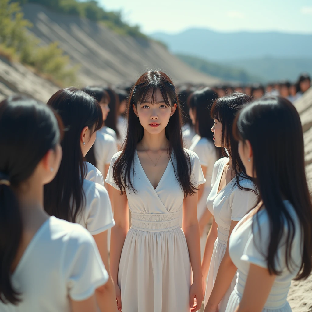 (((((Japanese Clone girls=Myself)))))), (((Best Super High quality Myself Clone girls Raw Photography Art))), (16K, Highest quality, Ultra-high resolution, RAW Photos), (((It's so unrealistic., With unparalleled depiction, With an unfathomable sight, An unprecedented and shocking worldview, Clone girls in a world of mass reproduction, Ultra-realistic))), (((Japanese, woman, 20yo, Saito-Asuka))), (Small face, ((Thick black hair, Semi-long hair))), ((V-neck short-sleeve dress)), (((((Very detailed美しい女体, Accurate body structure, Very detailed完璧な, Super busty body with very large breasts, Clearly emphasizes cleavage))))), (((Dark Eyes, Mature face, Cute Smile, A gentle gaze))), (((Her happy and smiling expression is so cute))), ((((((((Very detailed分身増殖描写, ((1girl→Myself cloning→1,000,000,000,000,000,000,000,000,000,000,000,000,000,000,000,000,000,000,000,000Myself Clone girls)))))))))), ((((((((Very detailed, The precise depiction of the proliferation of Myself Clone girls, ((With the perfectly identical bodies of Myself clone girls, With the exact same face as the Myself clone girls, With the exact same hairstyle as the Myself clone girls, In the exact same clothes as the girls who are my clones, Perfectly the same height as the Myself clone girls, Super big breasts, just like the Myself clone girls)))))))))), (((Myself clone girls only))), (((Multiple pairs, Very detailed depiction, (Myself clone girls hug each other, Myself clone girls assemble, Fun conversations with fellow Myself clone girls, A fun conversation between Myself clone girls, Myself clone girls holding hands, Walking with lots of Myself clone girls, turn around, look at me, The approaching crowd of Myself)))), (((Everyone looks at the camera))), (((Unbelievably crowded, Transcendent Myself clone girls intimately, Countless Myself clone girls surround you in 360 degrees))), (Bright, soft sunlight), (((Very wide field of view, Very detailed, Detailed ultra-perspective depiction with clear depth, super wide view))), (((((Scenery with a steeply curving slope))))), (((Very photographic and detailed depiction, Myself clone girls will multiply infinitely and fill the surroundings from one side to the horizon with their bodies tightly packed together without any gaps., A scene of endless Myself clone girls, giving a happy vibe.))), (Focus on the average value of the image)