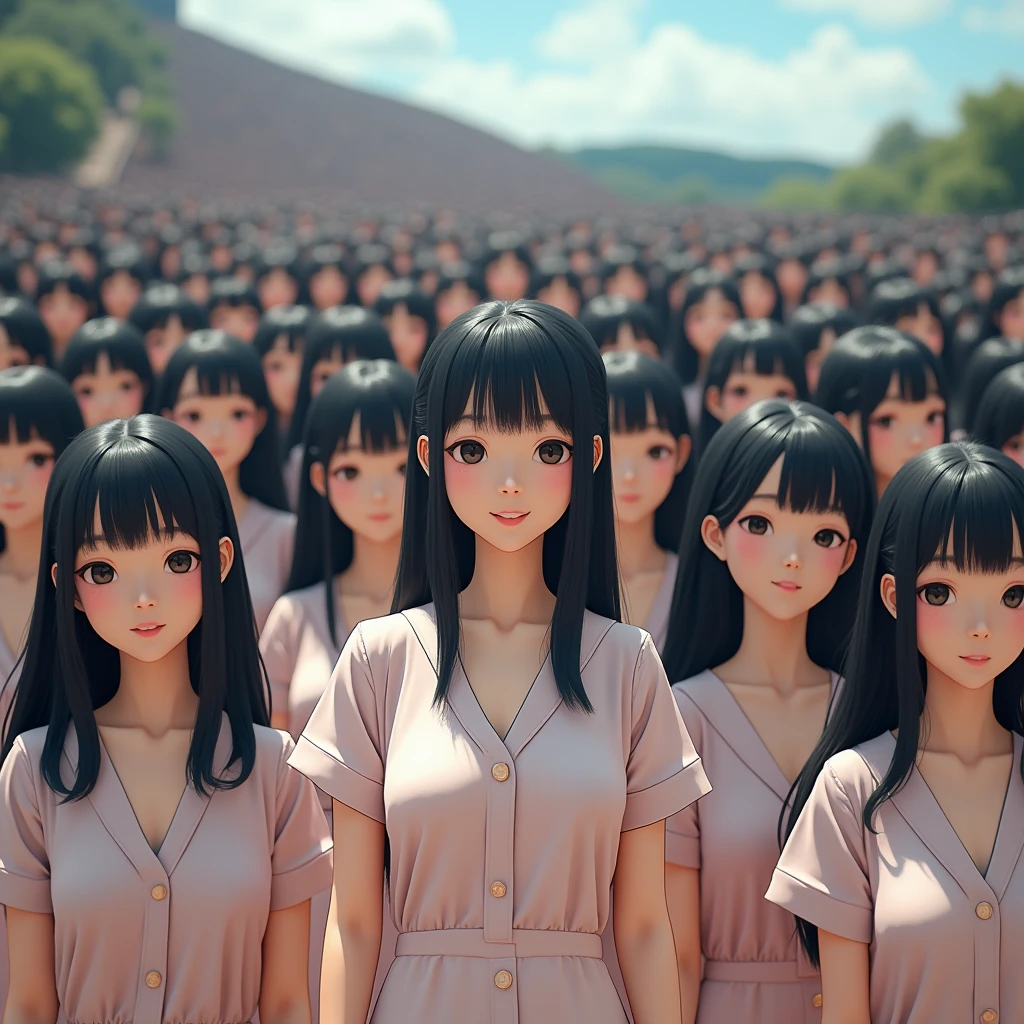 (((((Japanese Clone girls=Myself)))))), (((Best Super High quality Myself Clone girls Raw Photography Art))), (16K, Highest quality, Ultra-high resolution, RAW Photos), (((It&#39;s so unrealistic., With unparalleled depiction, With an unfathomable sight, An unprecedented and shocking worldview, Clone girls in a world of mass reproduction, Ultra-realistic))), (((Japanese, woman, 20yo, Saito-Asuka))), (Small face, ((Thick black hair, Semi-long hair))), ((V-neck short-sleeve dress)), (((((Very detailed美しい女体, Accurate body structure, Very detailed完璧な, Super busty body with very large breasts, Clearly emphasizes cleavage))))), (((Dark Eyes, Mature face, Cute Smile, A gentle gaze))), (((Her happy and smiling expression is so cute))), ((((((((Very detailed分身増殖描写, ((1girl→Myself cloning→1,000,000,000,000,000,000,000,000,000,000,000,000,000,000,000,000,000,000,000,000Myself Clone girls)))))))))), ((((((((Very detailed, The precise depiction of the proliferation of Myself Clone girls, ((With the perfectly identical bodies of Myself clone girls, With the exact same face as the Myself clone girls, With the exact same hairstyle as the Myself clone girls, In the exact same clothes as the girls who are my clones, Perfectly the same height as the Myself clone girls, Super big breasts, just like the Myself clone girls)))))))))), (((Myself clone girls only))), (((Multiple pairs, Very detailed depiction, (Myself clone girls hug each other, Myself clone girls assemble, Fun conversations with fellow Myself clone girls, A fun conversation between Myself clone girls, Myself clone girls holding hands, Walking with lots of Myself clone girls, turn around, look at me, The approaching crowd of Myself)))), (((Everyone looks at the camera))), (((Unbelievably crowded, Transcendent Myself clone girls intimately, Countless Myself clone girls surround you in 360 degrees))), (Bright, soft sunlight), (((Very wide field of view, Very detailed, Detailed ultra-perspective depiction with clear depth, super wide view))), (((((Scenery with a steeply curving slope))))), (((Very photographic and detailed depiction, Myself clone girls will multiply infinitely and fill the surroundings from one side to the horizon with their bodies tightly packed together without any gaps., A scene of endless Myself clone girls, giving a happy vibe.))), (Focus on the average value of the image)