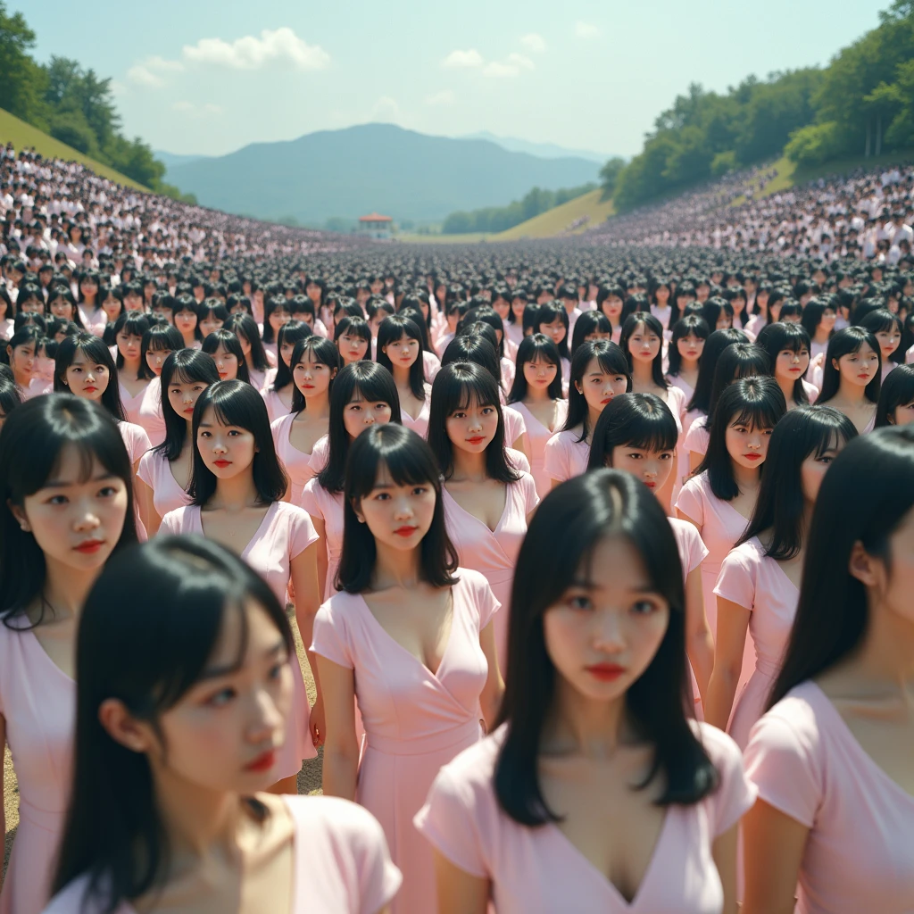 (((((Japanese Clone girls=Myself)))))), (((Best Super High quality Myself Clone girls Raw Photography Art))), (16K, Highest quality, Ultra-high resolution, RAW Photos), (((It's so unrealistic., With unparalleled depiction, With an unfathomable sight, An unprecedented and shocking worldview, Clone girls in a world of mass reproduction, Ultra-realistic))), (((Japanese, woman, 20yo, Saito-Asuka))), (Small face, ((Thick black hair, Semi-long hair))), ((V-neck short-sleeve dress)), (((((Very detailed美しい女体, Accurate body structure, Very detailed完璧な, Super busty body with very large breasts, Clearly emphasizes cleavage))))), (((Dark Eyes, Mature face, Cute Smile, A gentle gaze))), (((Her happy and smiling expression is so cute))), ((((((((Very detailed分身増殖描写, ((1girl→Myself cloning→1,000,000,000,000,000,000,000,000,000,000,000,000,000,000,000,000,000,000,000,000Myself Clone girls)))))))))), ((((((((Very detailed, The precise depiction of the proliferation of Myself Clone girls, ((With the perfectly identical bodies of Myself clone girls, With the exact same face as the Myself clone girls, With the exact same hairstyle as the Myself clone girls, In the exact same clothes as the girls who are my clones, Perfectly the same height as the Myself clone girls, Super big breasts, just like the Myself clone girls)))))))))), (((Myself clone girls only))), (((Multiple pairs, Very detailed depiction, (Myself clone girls hug each other, Myself clone girls assemble, Fun conversations with fellow Myself clone girls, A fun conversation between Myself clone girls, Myself clone girls holding hands, Walking with lots of Myself clone girls, turn around, look at me, The approaching crowd of Myself)))), (((Everyone looks at the camera))), (((Unbelievably crowded, Transcendent Myself clone girls intimately, Countless Myself clone girls surround you in 360 degrees))), (Bright, soft sunlight), (((Very wide field of view, Very detailed, Detailed ultra-perspective depiction with clear depth, super wide view))), (((((Scenery with a steeply curving slope))))), (((Very photographic and detailed depiction, Myself clone girls will multiply infinitely and fill the surroundings from one side to the horizon with their bodies tightly packed together without any gaps., A scene of endless Myself clone girls, giving a happy vibe.))), (Focus on the average value of the image)