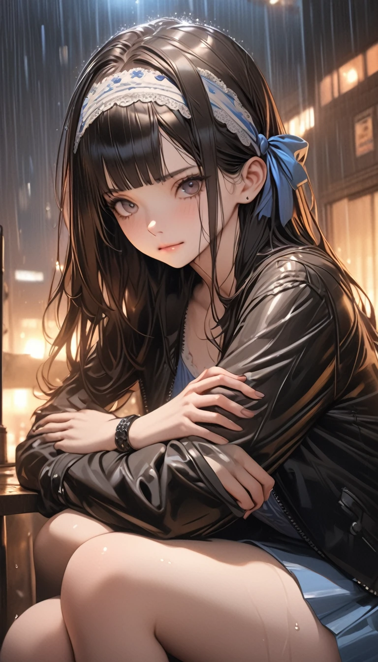 ((best quality)), ((masterpiece)), (detailed), 1girl, headbands, long hair, cute face, beautiful, black jacket, black bracelet, blue skirt, stockings, crossed arms, legs crossed, rainning, night, evening, ultra realistic, wallpaper, 8k,