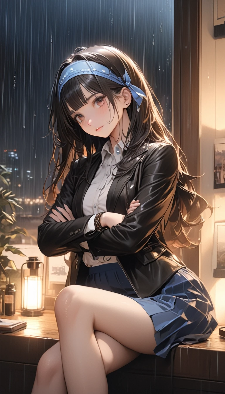 ((best quality)), ((masterpiece)), (detailed), 1girl, headbands, long hair, cute face, beautiful, black jacket, black bracelet, blue skirt, stockings, crossed arms, legs crossed, rainning, night, evening, ultra realistic, wallpaper, 8k,