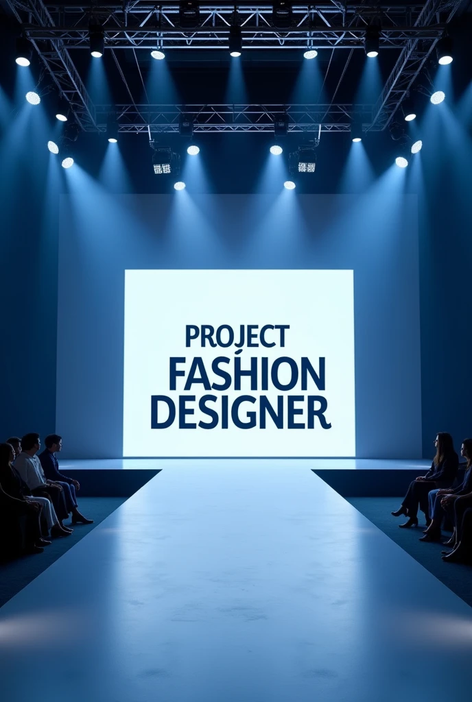 stage catwalk with a screen with the words “Project Fashion Designer” in 3D dark blue . The stage has a modern, luxurious, trendy feel. There are lights and flash