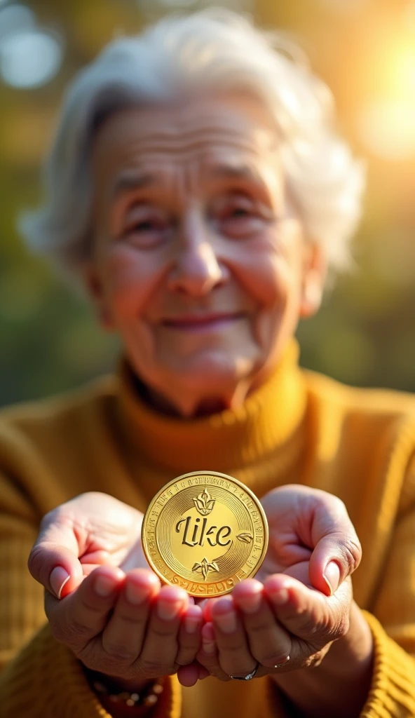 We need an image of a beautiful grandmother who is holding a red colored coin with both her hands and has written 'like' and 'subscribe' on it with a big character and has made a 'like' sign on it. Surrounded by sunlights suscribe bhi mote character me likha ho 