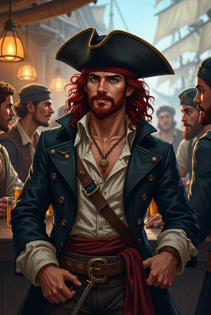 A young pirate, full body DnD style. A young pirate in his thirties, with long, curly dark red hair, a light beard with a short goatee and a dark red moustache, and dark green eyes. He wears a dark pirate trench coat with a light unbuttoned shirt and a damaged vest., on his head an old small damaged black leather hat. Around his waist he wears a sash with a belt and two pirate cutlasses on top.. He is having fun drinking with a dreamy look together with other young sailors in the pub while in the background there are various ships of a pirate port.