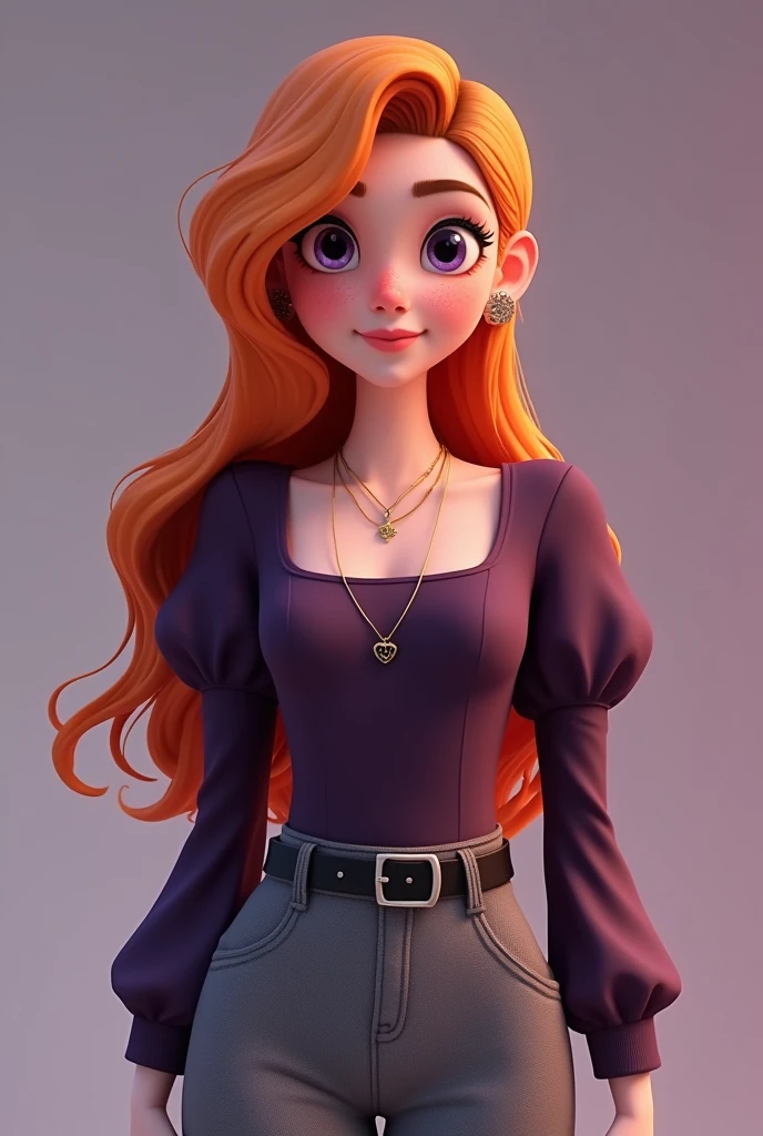 Vanessa is a very beautiful fifteen-year-old girl with snow-white skin, She has long, wavy, bright light orange hair that is usually styled half up with two strands falling down her beautiful face.,She has almond-shaped eyes, a light lilac purple color., her face is heart-shaped and she has a small nose and salmon pink lips, She wears a dark purple tight-fitting long-sleeved shirt with puffed arms and a square cut at the top of the chest but without being low-cut, in addition to wearing three necklaces., He is wearing smart grey trousers with a thin black leather belt and black ankle boots..((3D style)) ((Style Miraculous ladybug)).