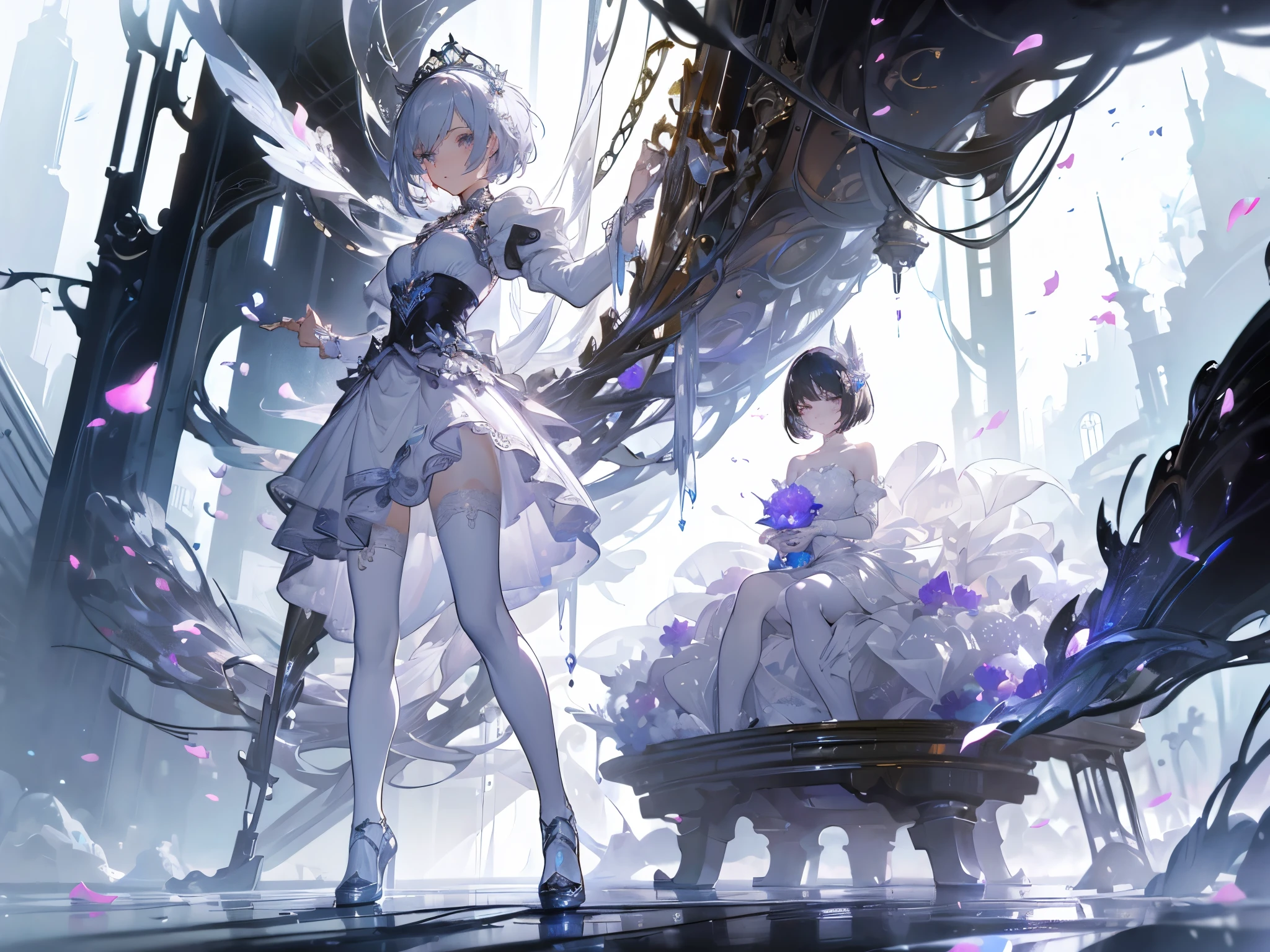 ((masterpiece, best quality)), Epic battlefield atmosphere,Silver Bell Ice Heart,Maid,Petals falling,A meticulous face,Standing image,Perfect body proportions,Stylish short hair,beautiful eyes,Fantasy style,White background,transparent,Sexy,Lace,Pantyhose