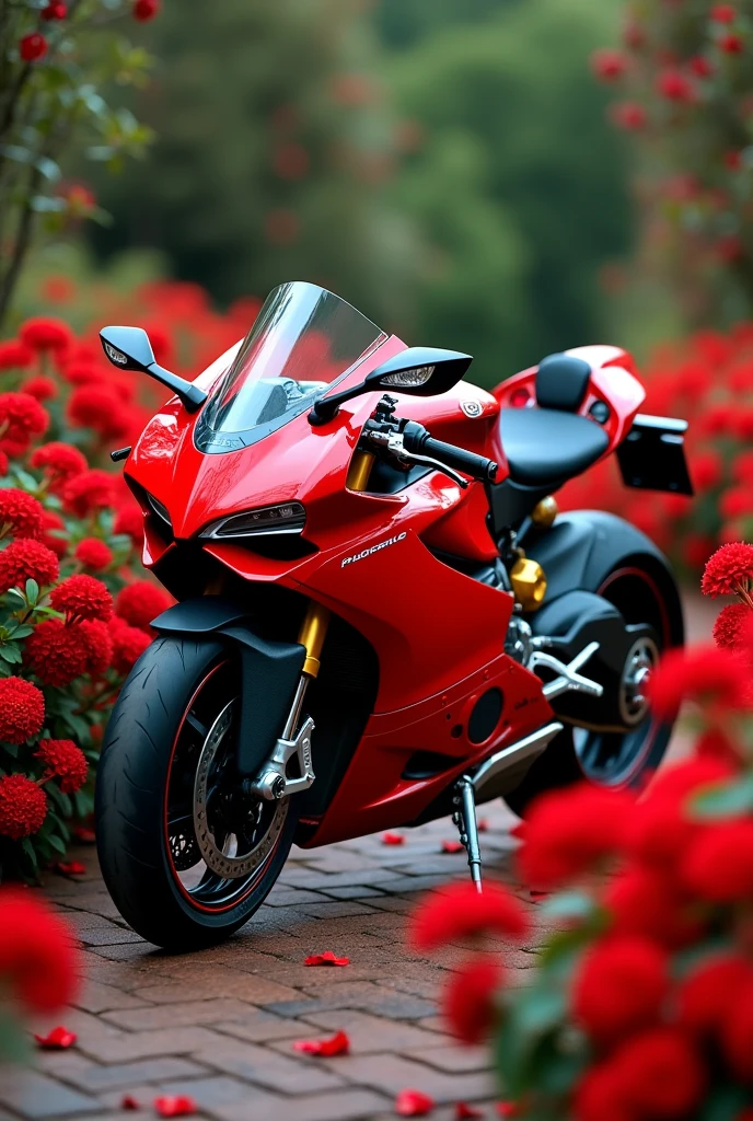 Red Ducati panigale in middle of red flowers plant