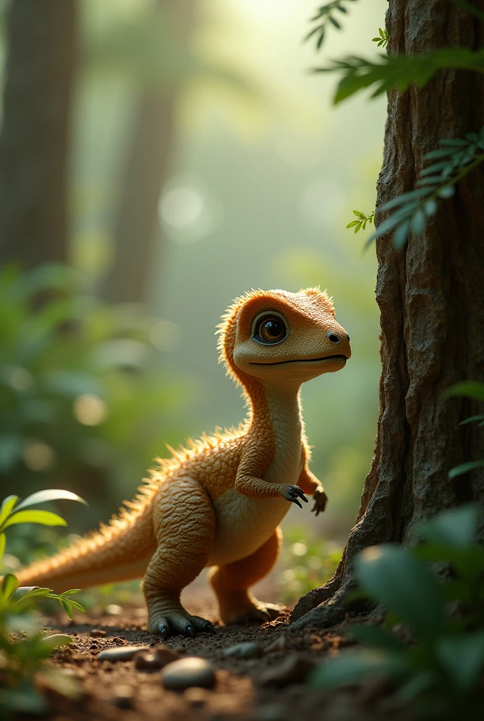 their eyes scanning the surroundings. A small, curious dinosaur appears from behind a tree, sniffing the air.