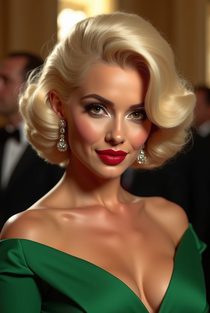 evelyn hugo as how she's described in the book: thick eyebrows and dyed blonde hair as Marilyn Monroe, beautiful bone structure. her skin is tan cause she's latina. Her jawline is strong, her cheekbones are high, and all of it comes to a point at her ever-so-swollen lips. Her eyes are brown and huge but not so much round as an oversized almond shape, with a beautiful green dress in the met gala
