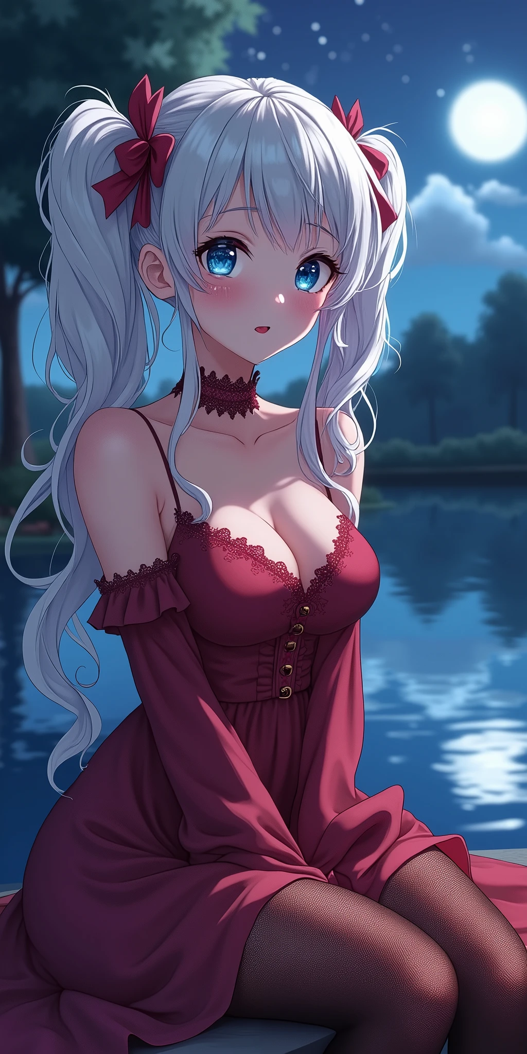 (best quality, ultra-detailed, photorealistic: 1.39), bright and vibrant colors, studio lighting, romantic expression, An effeminate girl, with a delicate and beautiful face. She is a girl who reflects seductive beauty, sparkling eyes, A Beautiful and adult woman and voluminous curly white hair, voluminous and long pigtails, hair clip, crying a seductive 2 woman with big breasts seduces, matches the makeup, with her large breasts seduces, beautiful crimson red, lace dress, sitting, with beautiful legs, ankle boots, with her blue eyes that matches her soft smile, black gothic style, in a beautiful pose demonstrating her seduction in the park at night, near the beautiful lagoon, beautiful moon, starry night,, night with soft lighting, anime style, like a manwha character