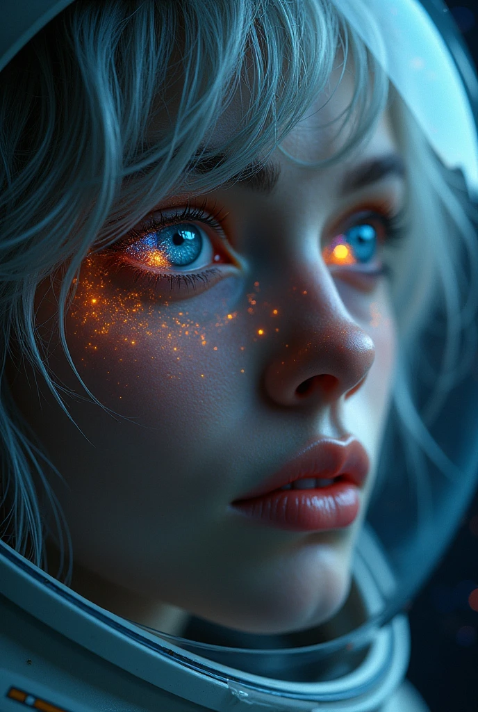 (Close-up of a better masterpiece:1.5)0.9], (Space and astronauts:1.2) (Messy silver hair:1.1) (Heterochromia xanthochromia and blue eyes:1.2) (Space Helmet:1.0) (Colored stars in the eyes:1.0) (A radiant glow:1.1) (thick lips:0.9)