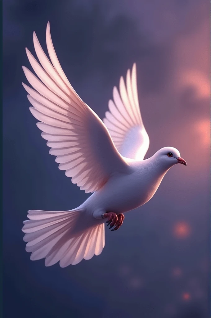 A dove flying in the purple and dark green sky