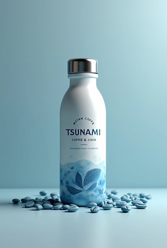 A coffee bottle with metal cap named Tsunami coffee & Coco with blue tone on coffee beans