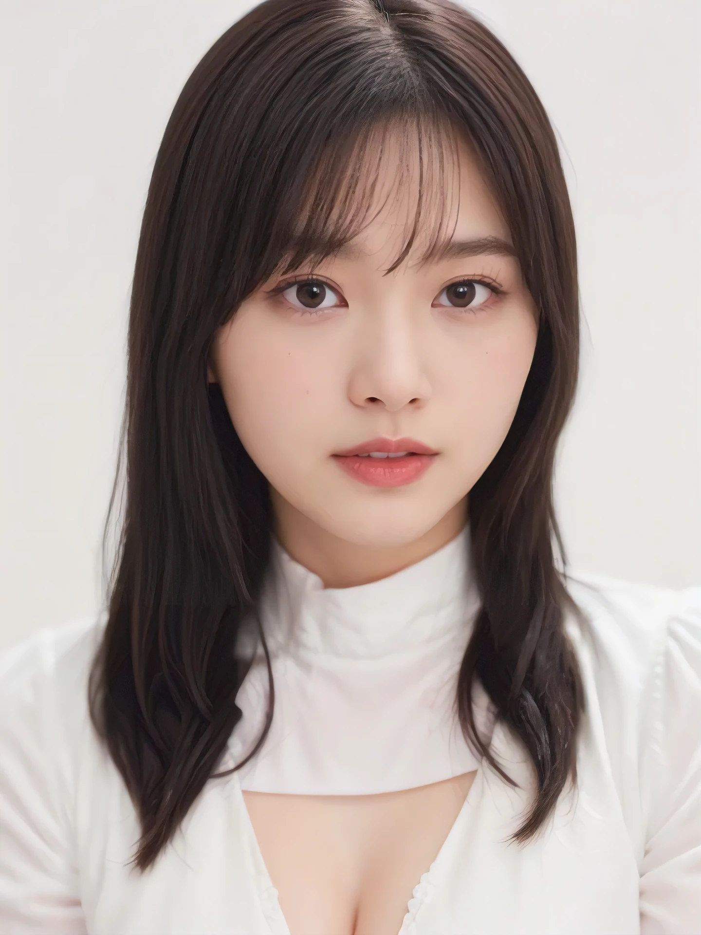 1girl, 25years old woman, cute face, Small breasts, medium breasts, large breasts, beautiful face, (perfectly detailed face), ((looking at viewer)), Simple Background, ((white background)), ((white wallpaper)), White skin, (bright lighting:1.2), perfect lighting, photorealistic, (bokeh), UHD, anatomically correct, highres