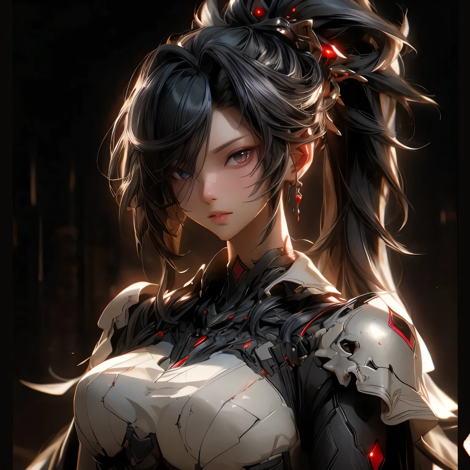 (best quality)), ((Masterpiece)), (details:1.4), 3d, HDR (high dynamic range), an image of a beautiful cyberpunk female, cyberpunk, Black hair, High ponytail, Golden eyes, จมูกโด่ง, ปากแดง, หน้าอกใหญ่, nvidia RTX, PBR surface, After processing, Anisotropic filtration,depth of field, Maximum clarity and clarity, multi-layered surface, Subsurface scattering, perfect proportions, 8K raw files, ultra detailed, Perfect proportions, volumetric lighting, soft lighting, Holy Paladin, Heavy Red Armor, glossy skin, castle background, jewely, ต่างหู, นิ้วมือสมบูรณ์,