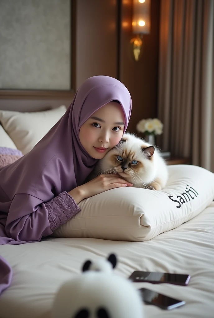 Beautiful Korean girl, smooth white skin, well-groomed face, purple hijab, purple hoodie, leaning on a luxurious bed with a bolster pillow bearing the name Santi while hugging a large Angora versia cat, there is a stuffed panda, on the iPhone laptop table, luxurious interior background, there is a sofa, air conditioning in the luxurious purple room, it looks authentic, real and realistic in the photo