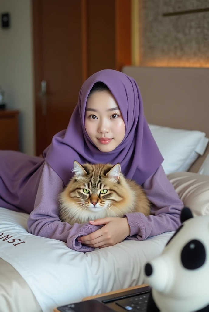 Beautiful Korean girl, smooth white skin, well-groomed face, purple hijab, purple hoodie, leaning on a luxurious bed with a bolster pillow bearing the name Santi while hugging a large Angora versia cat, there is a stuffed panda, on the iPhone laptop table, luxurious interior background, there is a sofa, air conditioning in the luxurious purple room, it looks authentic, real and realistic in the photo
